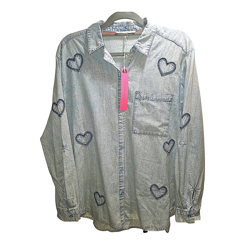 Jane & Delancey Heart Embroidered Chambray Button Down Shirt Blue L